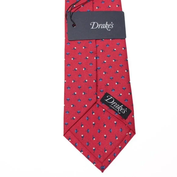 Drake's NWT Neck Tie in Red with Navy/Light Blue & White Floral Print 100% Silk